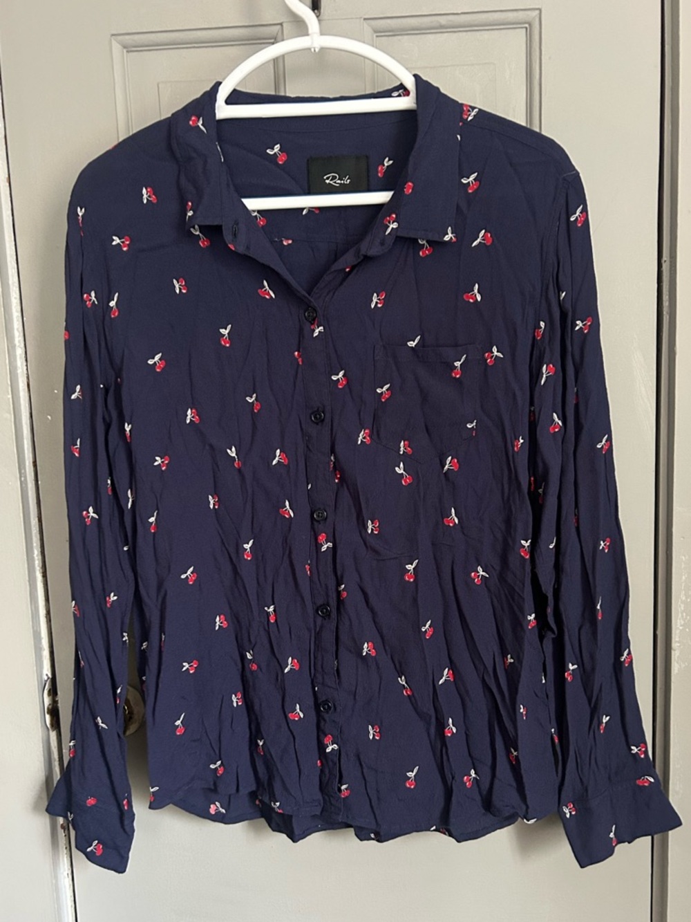Rails Kate Navy Cherry Print Button Down Shirt Rayon Size Large